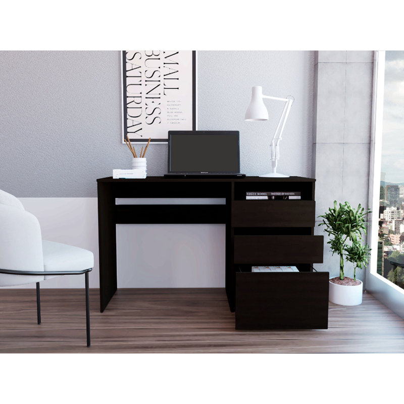 3 Drawers Computer Desk, One Shelf, Black