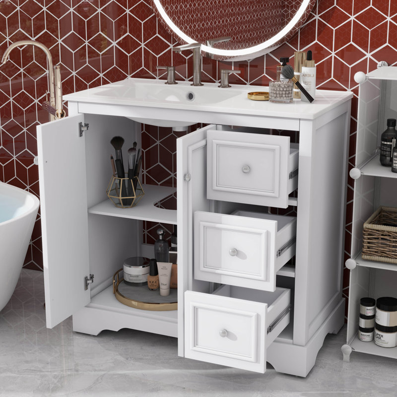 Meuble-lavabo autoportant de 36 pouces avec lavabo en céramique, 3 tiroirs, 2 portes et tablette réglable, Blanc