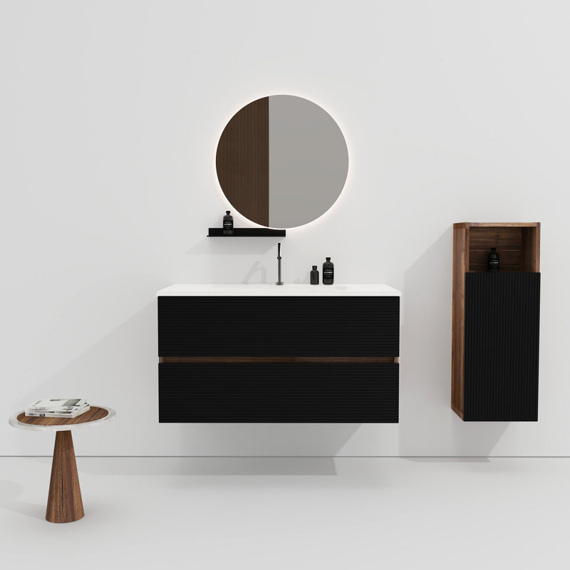 Meuble-lavabo mural mural avec lavabo en céramique intégré et trop-plein, Noir, 36"