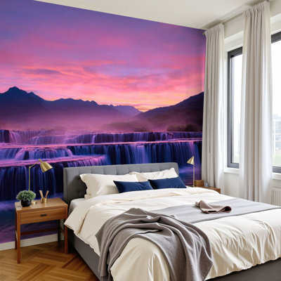 Peel and Stick Wallpaper 96" W x 69" H Modern Self Adhesive Wall Mural for Bedroom Stepped Waterfall Group Sunrise Landscape Scenery Nature Waterfall