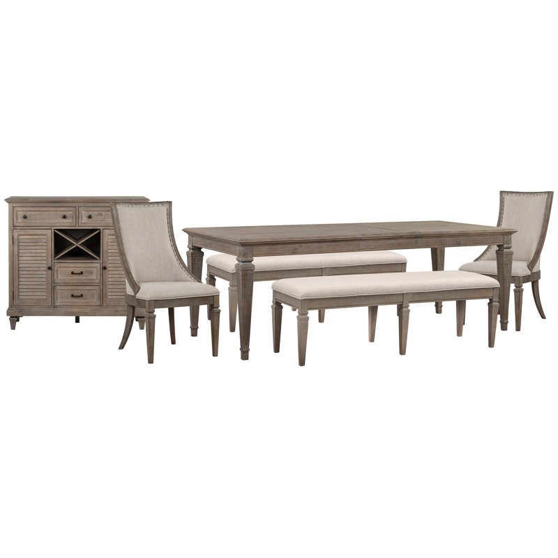 Extendable Rectangular Dining Table 2 Benches 2 Arm Chairs And Server, 6 Pcs: Table, 2 Benches, Server, 2 Chairs