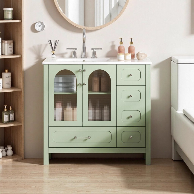 Meuble-lavabo 72 po avec lavabo double 72 po, 8 tiroirs, 4 portes à fermeture douce et portes en verre texturé gaufré vert moderne