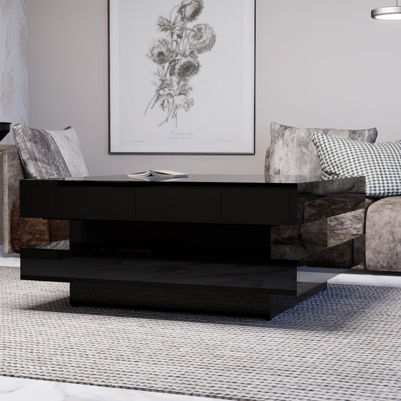 Table basse carrée noire ultra-brillante de conception minimaliste à 2 niveaux avec lumières DEL, table de salon centrale.
