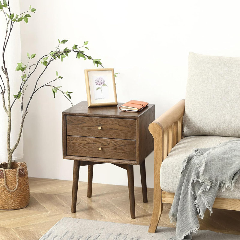 Mid Century Modern Nightstand, Solid Oak Wood Bedside Table With Drawers, Scandinavian Style End Table For Bedroom, Living Room, Office