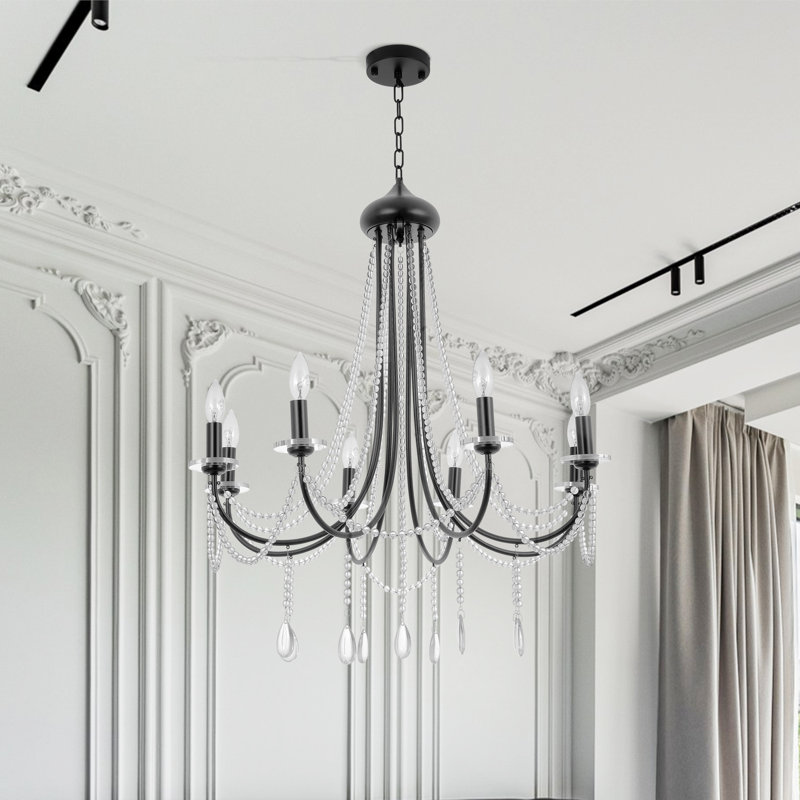33-Inch Black Iron And Crystal Chandelier, 8-Light With Adjustable Chain