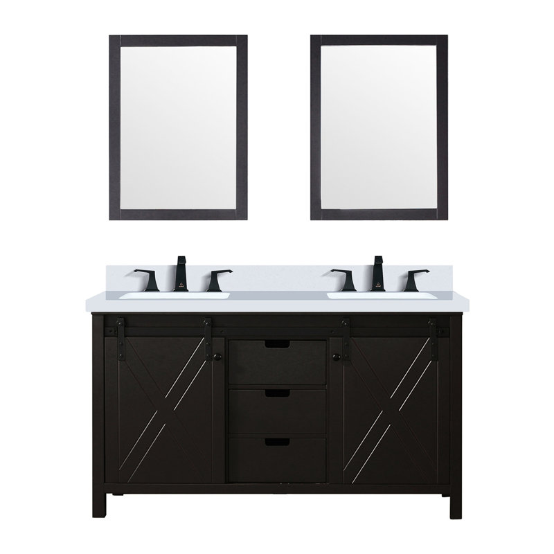Meuble-lavabo double brun, 60 po L 22 po x P, comptoir en quartz blanc, robinet, 24 miroirs de salle de bain brun, comptoir, excellent