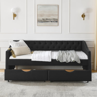 Twin Size Daybed with Drawers Upholstered Tufted Sofa Bed, with Button on Back and Copper Nail on Waved Shape Arms
