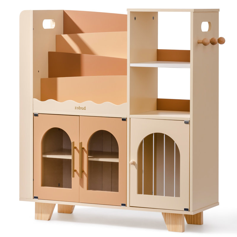 Kids’ All-in-One Wooden Storage Bookshelf with Toy Organizer & Hooks, Kids Bookcase, Storage Book Rack, Brown