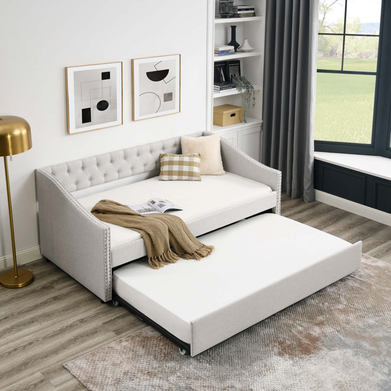 Twin Size Daybed With Twin Size Trundle Upholstered Tufted Sofa Bed, With Button On Back And Nail On Waved Shape Arms (80.5"X41"X30.5")