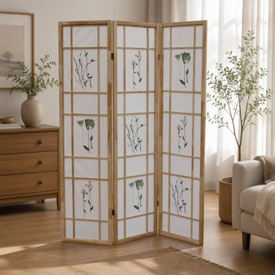 Traditional Asian-Inspired 3-Panel Shoji Room Divider with Floral Print, Natural Finish, and Folding Design for Versatile Use