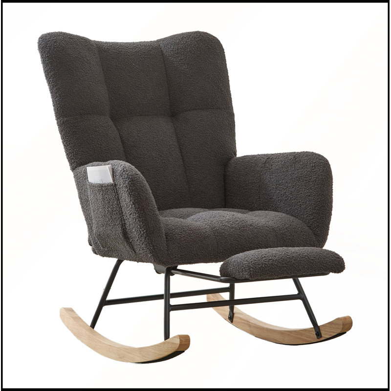 Ensemble chaise berçante à bascule en tissu Teddy avec repose-pieds et poche de rangement latérale, base en bois massif.