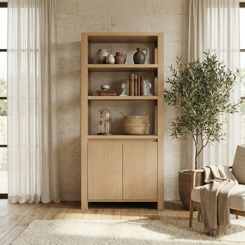 Sturdy Wood Bookcase with 2-Door Storage Cabinet, Premium Solid Display Shelving for Modern Farmhouse & Japandi Interiors,Wood