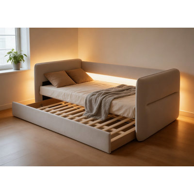 Pull Out Bed, Upholstered Daybed With Pull Out Trundle, Bed Frame With Button Tufted Nailhead Trim, No Box Spring Needed by Latitude Run