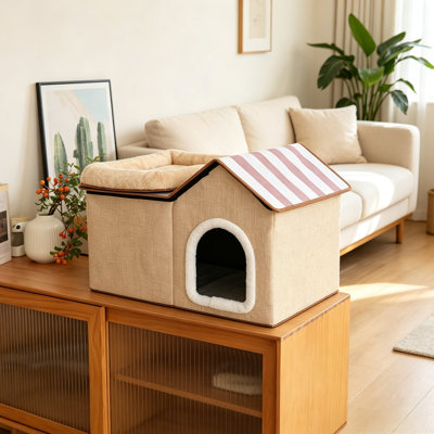 Warm Cat House for Indoor Cats, 2-in-1 Removable Roof Pet Bed with Soft Plush Cushion, Sisal Scratch-Resistant Small Cat Cave, Easy Assembly Foldable Cat Shelter for Kittens and Small Dogs