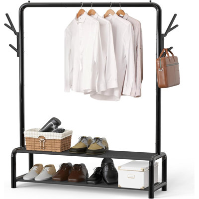With 600D Fabric Shelves, Hanger Stoppers, and Hooks for Coat & Hat, Freestanding Closet Garment Rack with Shelves, Black