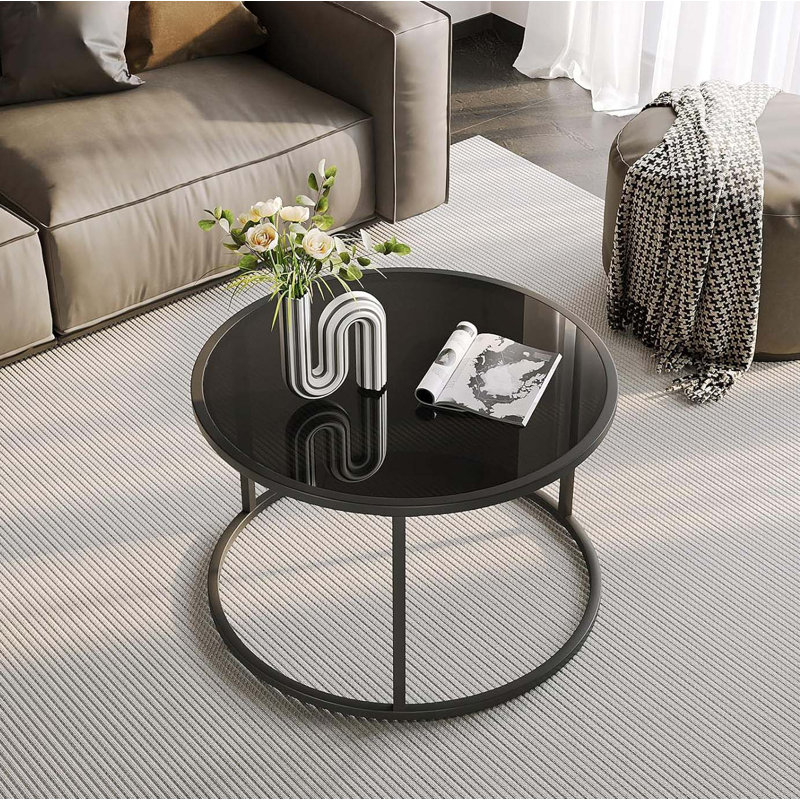 Black Round Glass Coffee Table with Tempered Glass Top
