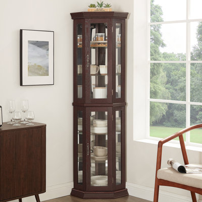 Vitrine de coin lumineuse en verre avec tablettes réglables et dispositif anti-basculement, idéale pour mettre en valeur des objets de collection et des objets décoratifs