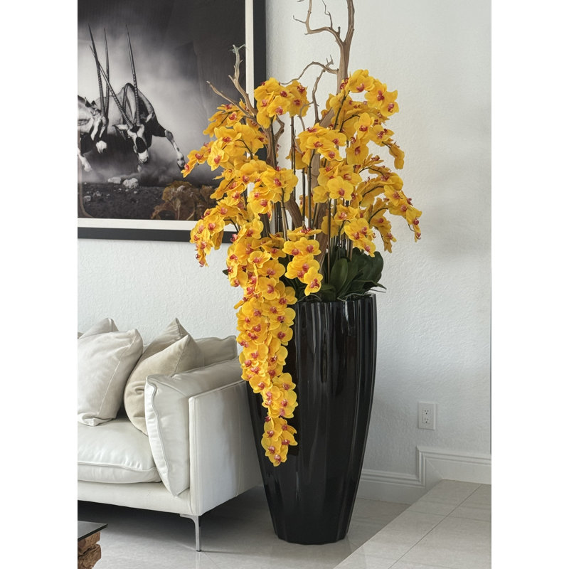 San Jose Planter In Glossy With Cascading Orchids, Yellow, Black