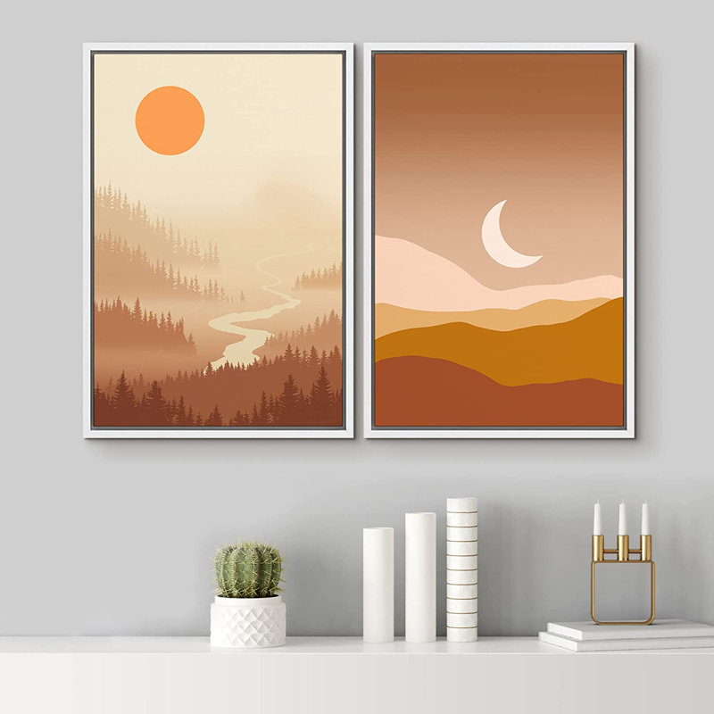 " SIGNLEADER Framed Canvas Print Wall Art Set Sun Crescent Moon Mountain Valley River Nature Wilderness Illustrations Modern Art Decorative Rustic For Living Room, Bedroom, Office " 2 - Pieces