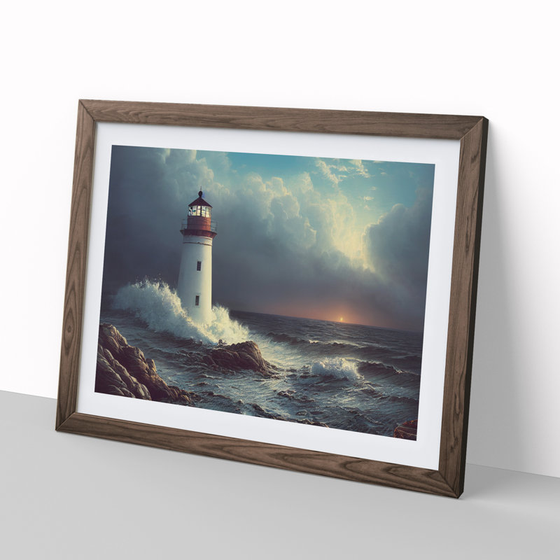 Interesting Lighthouse Seascape - Framed Print, 25cm H x 34cm W x 2cm D, Walnut