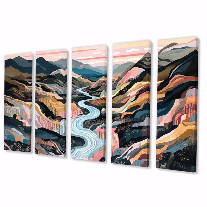 «Vibrant Mountain Landscape II», impression sur toile de paysage abstrait - 5 panneaux égaux