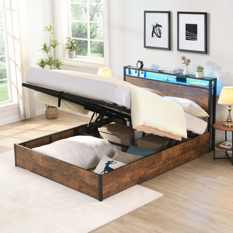 Base de lit relevable avec tête de lit bibliothèque et lumières DEL, Grand