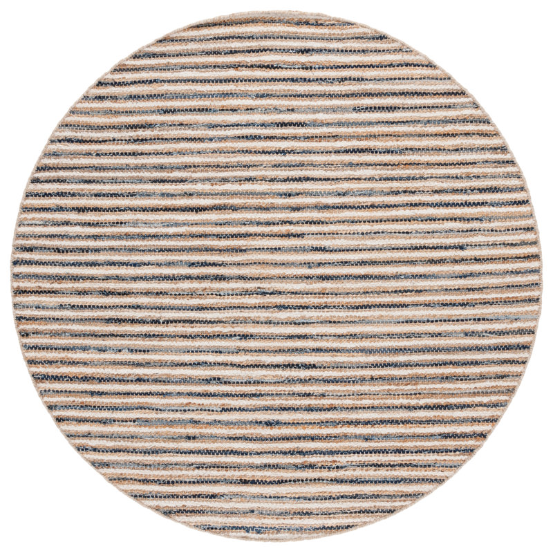 Abishanth Woven Jute/Canvas/Cotton Performance Striped Rug in Natural/Navy, Round 6'