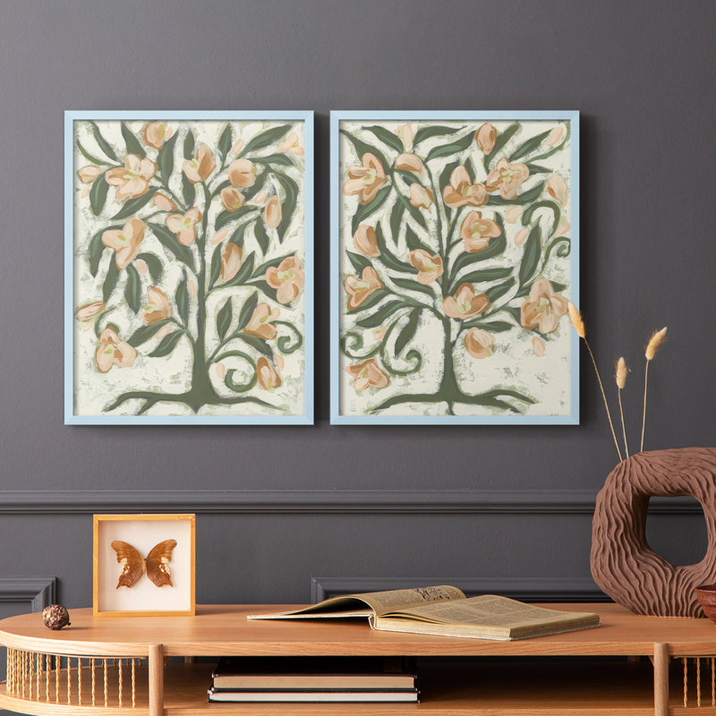 «Folk Peach Blossoms I», reproduction encadrée de qualité supérieure - prête à être accrochée - aucun clou requis - aucun clou requis