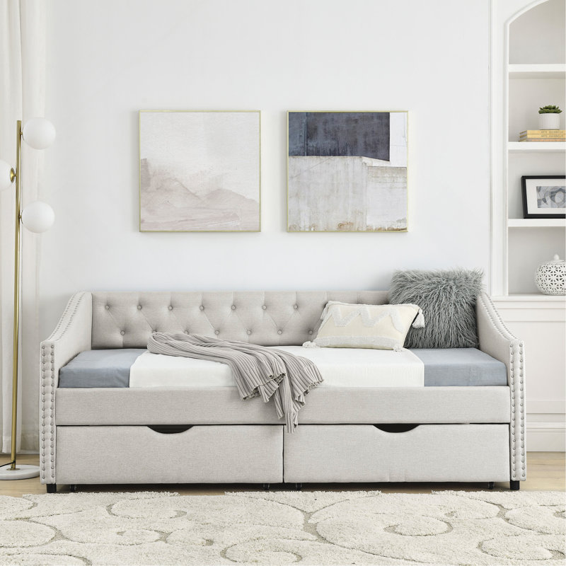 Twin Size Daybed With Drawers Upholstered Tufted Sofa Bed, With Button On Back And Copper Nail On Waved Shape Arms, Twin