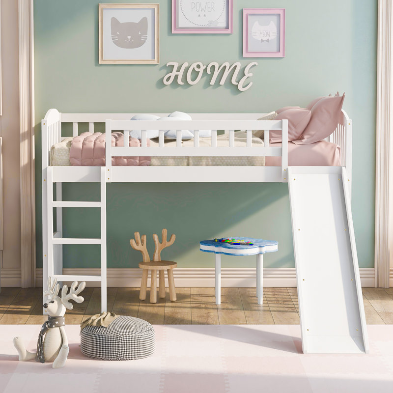 Lit mezzanine simple avec glissoire et échelle, Blanc