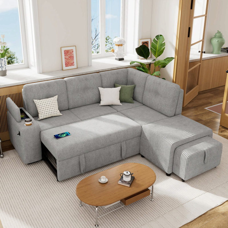 94" Sectional Sofa Pull-Out Sofa Bed L-Shaped Sofa With Movable Ottoman And Stool, Large Storage Space, A Cup Holder, And Two Usb Ports For Living Room