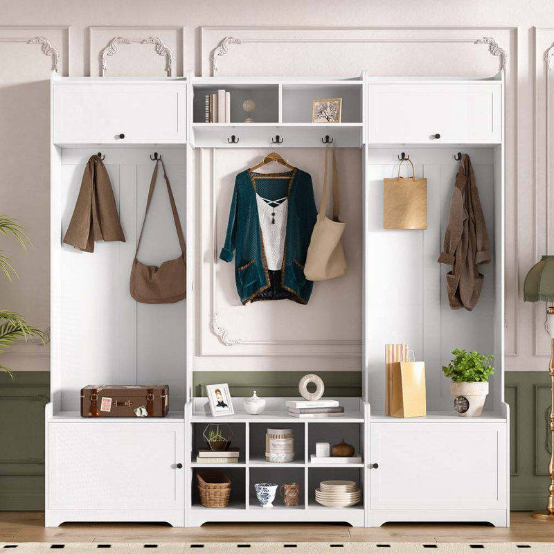 Arbre d'entrée de 79,1 po de largeur avec rangement pour chaussures, 8 casiers, 7 crochets à manteau et tablette réglable