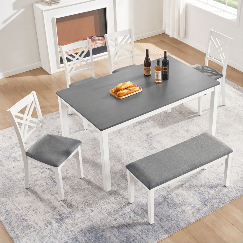 Ensemble de salle à manger de cuisine 6 pièces, table de salle à manger rectangulaire en bois avec 4 chaises rembourrées et un banc, ensemble de table de salle à manger pour 6 personnes, salon et cuisine deux tons
