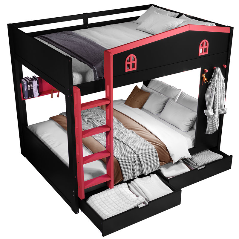 Solid Wood Bunk Bed with Storage Drawers and Shelves, Built-In Hooks, No Box Spring Needed, Black/Red