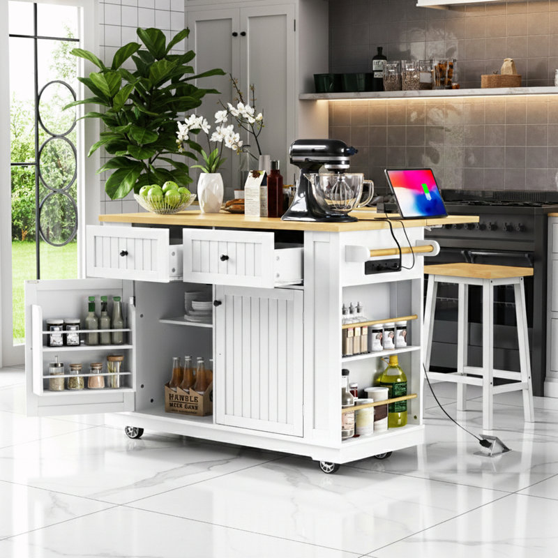 Door Internal Storage Rack Kitchen Island With Bar Stools And Power Outlet, White