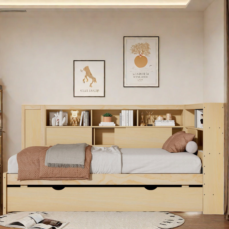 Avis Wood Daybed With Storage Shelves, Charging Station And Trundle, Natural