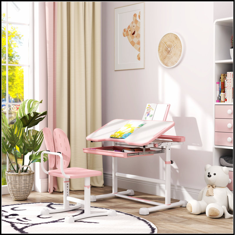 Ensemble de bureau et de chaise pour enfants Qaba, réglable en hauteur avec bureau inclinable, tiroir de rangement et support à livres pour l'écriture, la lecture et le dessin