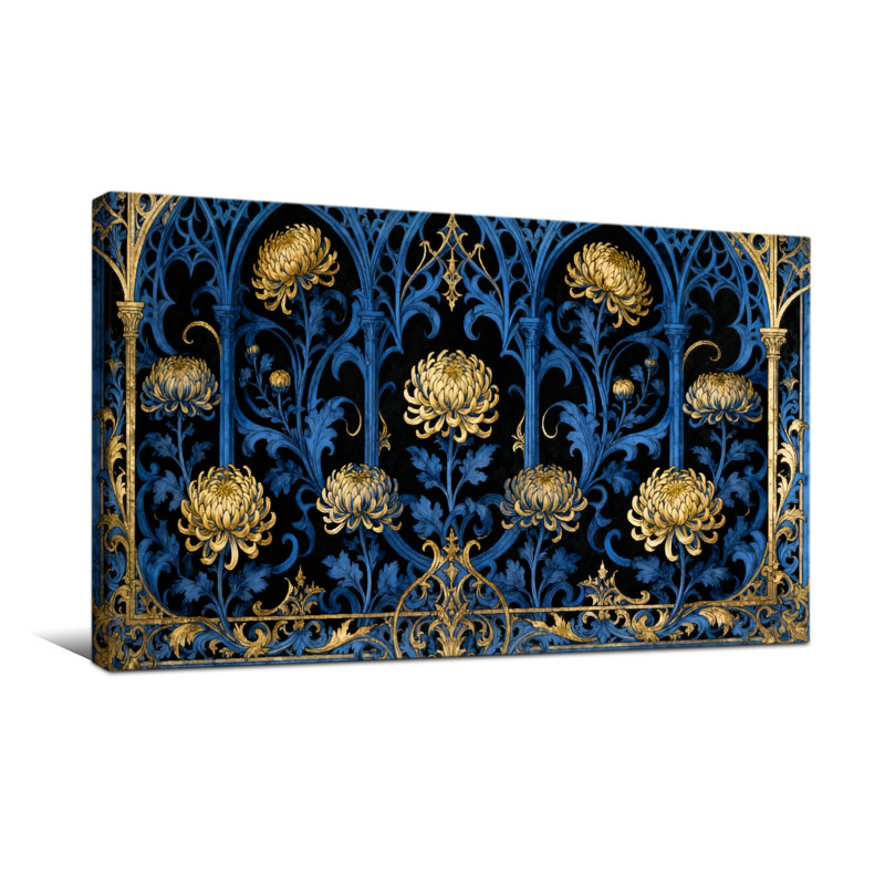 Plants &Flowers Blue And Gold Floral Gothic Pattern, 20" H x 40" W