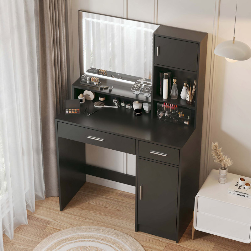 Vanity Desk with Mirror, LED Light Strip, Large Drawer and 3-Level Storage