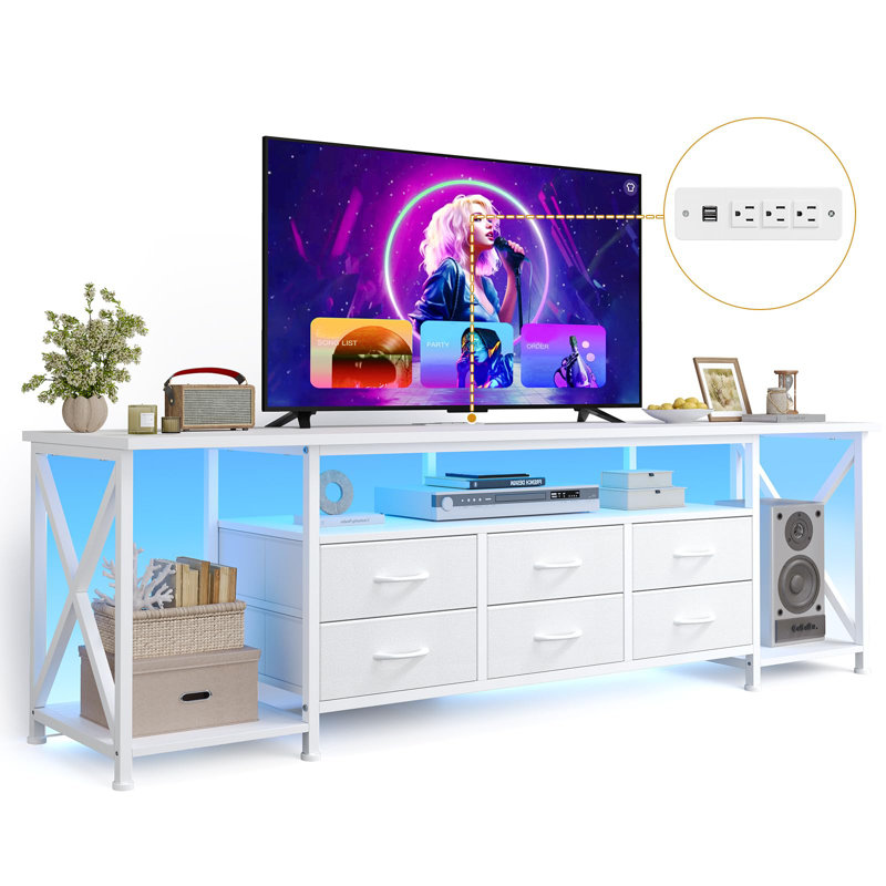 63" Tv Stand With Led Lights And Power Outlets, For Tvs Up To 80 Inches, 6 Fabric Drawers Entertainment Center With Open Storage Shelves, White