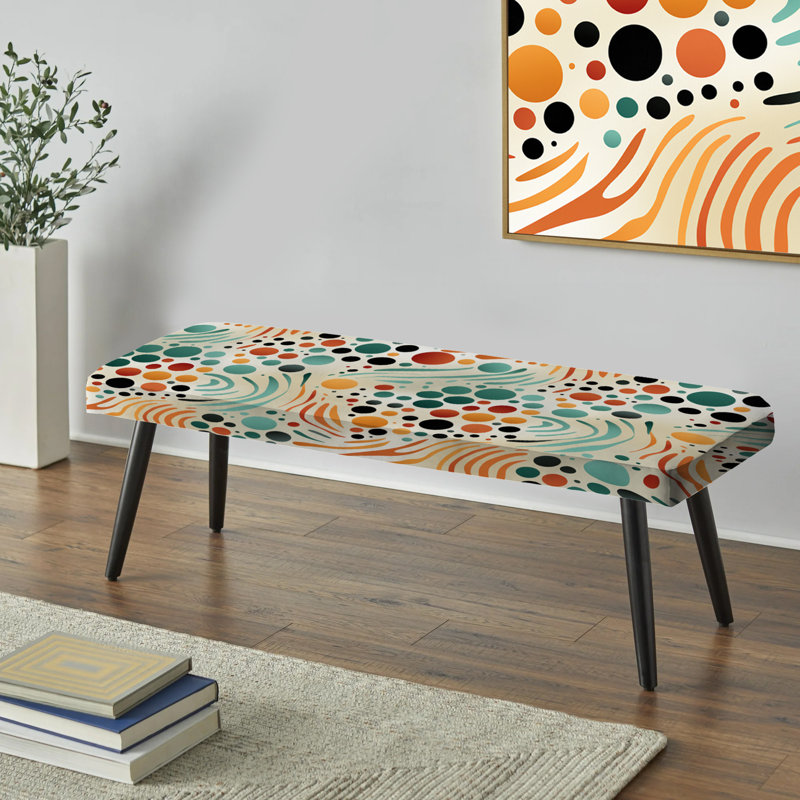 Multicolor Mid Century Pattern On Beige - Midcentury Upholstered Black Bench