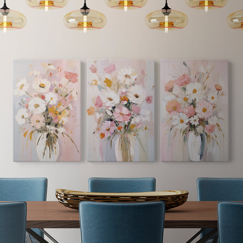 Ensemble de 3 toiles tendues avec châssis Floral Series Series Cxxiii - Prêt à être accroché, H 36 po x l 24 po