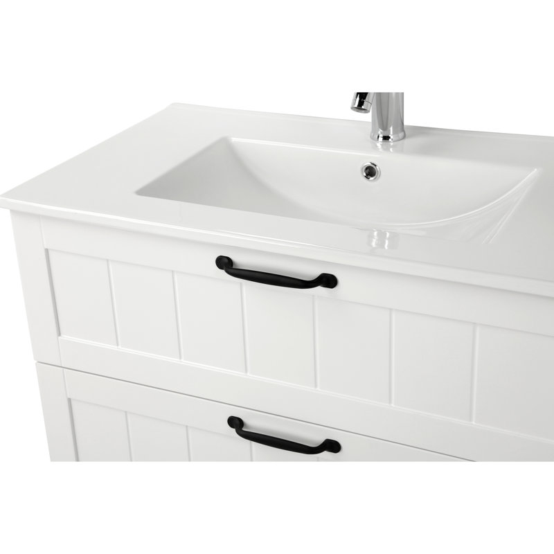 Armoire de meuble-lavabo 31,5 "avec lavabo, armoire flottante murale avec ligne décorative, système de fermeture en douceur, 2 très grands tiroirs, bois massif, pour la salle de bain