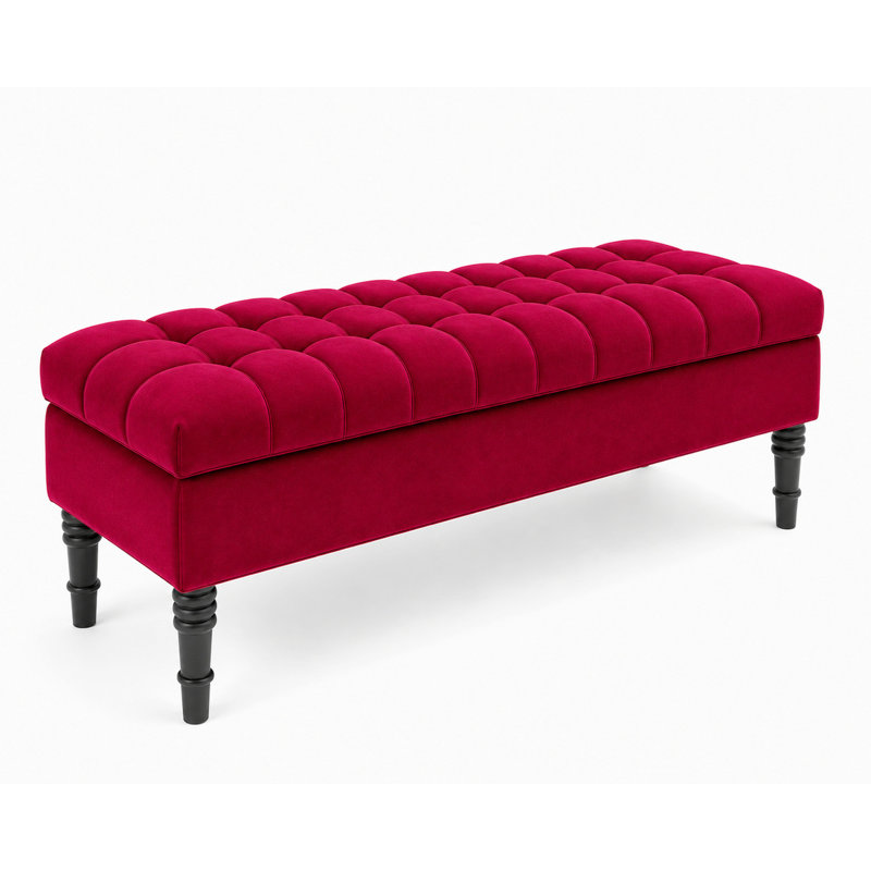 Cubed Tufted Rectangle Ottoman Storage Bench, Upholstered Plush Velvet Shoe Bench with Black Turned Wooden Legs, Red Plush 