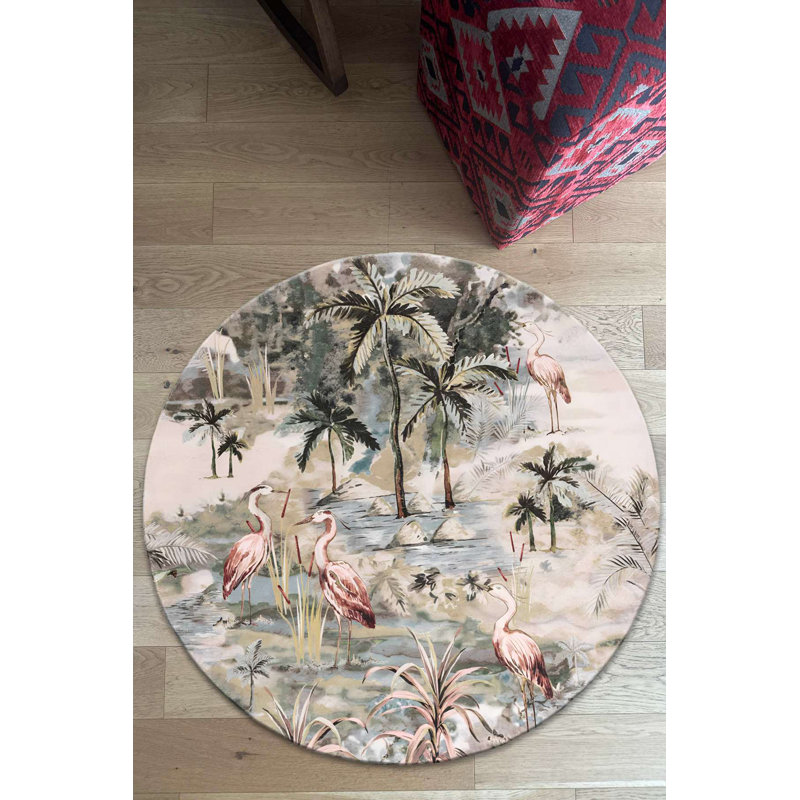 Tapis lavable en coton «Exotic Heron Landscape», Rond 2 pi 8 po