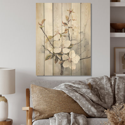 Minimalisme, fleur de pommier blanc I - Art mural en bois sur bois de pin naturel