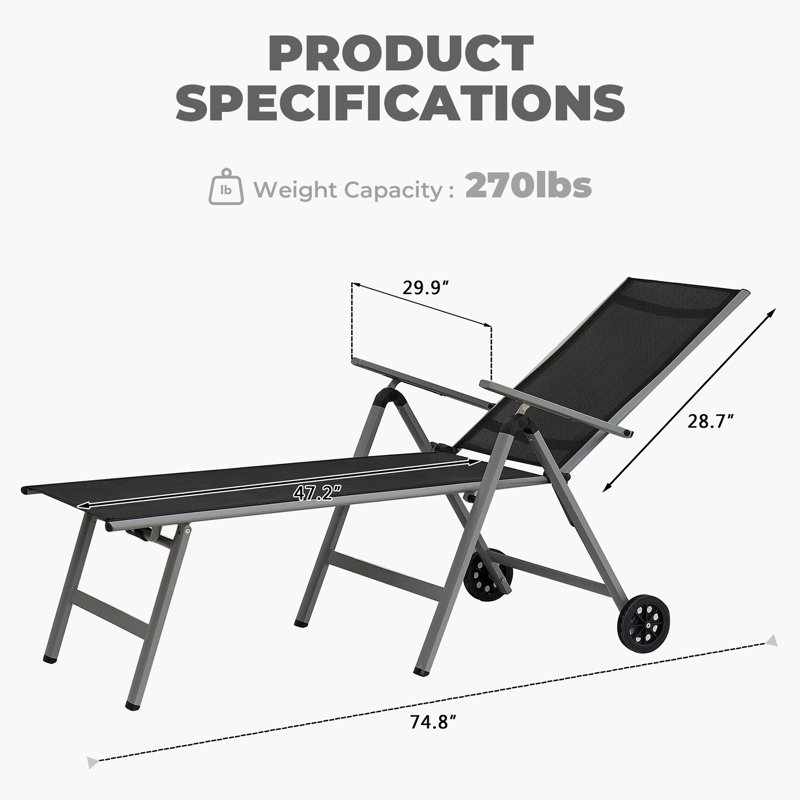  Chaise longue d'extérieur en aluminium à 5 positions réglables avec roulettes