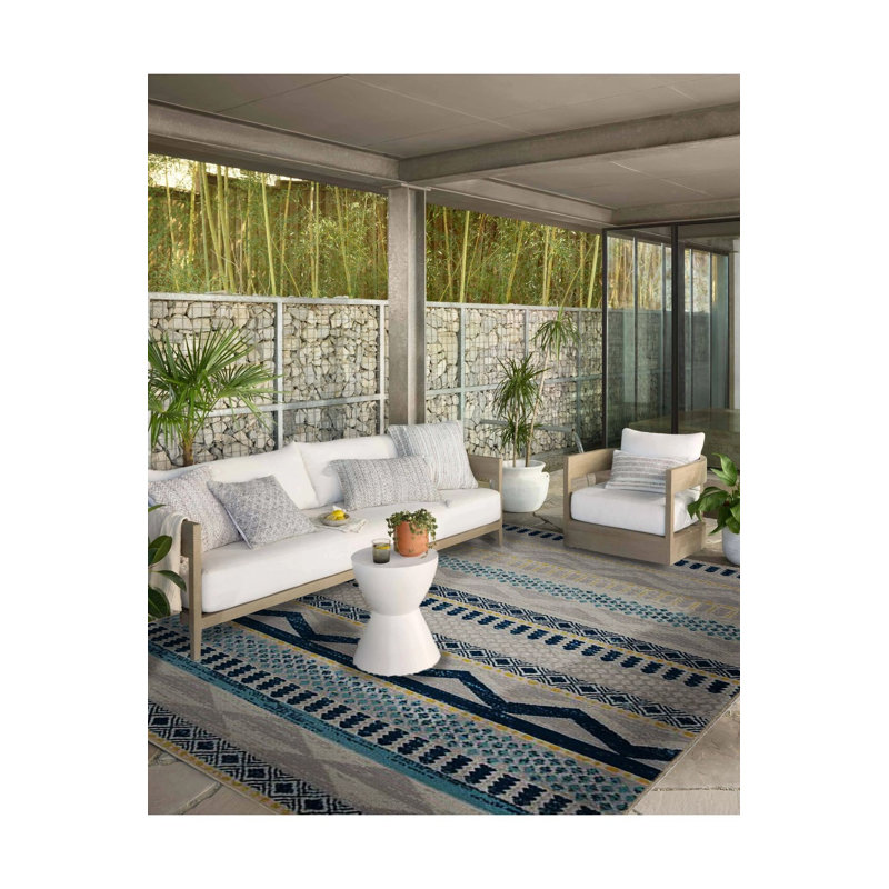 Tapis traditionnel lavable à rayures bleues et grises, Sous-tapis rectangulaire 4 pi 7 po x 6 pi 7 po inc