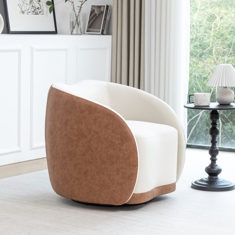 Fauteuil demi-tonneau pivotant en velours Aastha, Brun / Blanc
