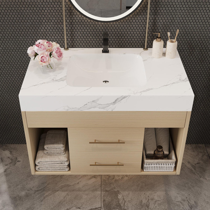 Meuble-lavabo flottant avec lavabo en céramique, Bois
